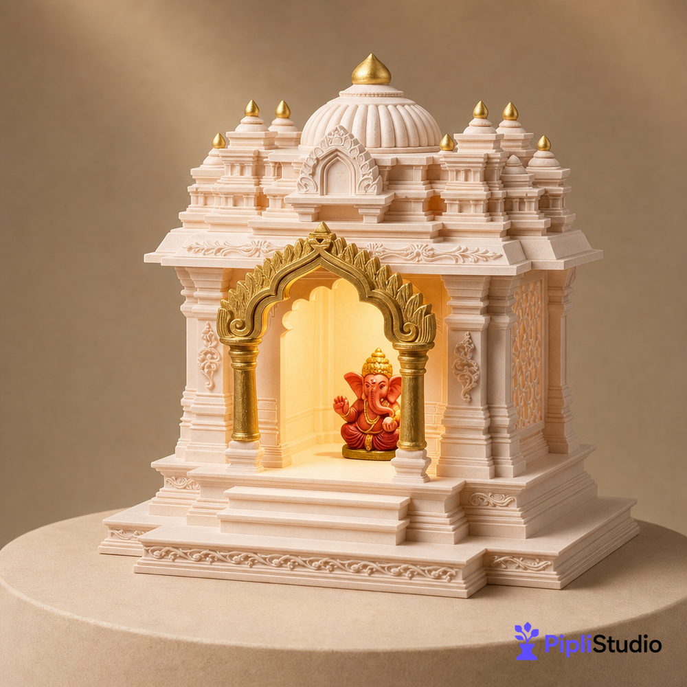 North Indian Temple - Office/Home Table Top Temple with Light (Golden Kalashas & Gate)