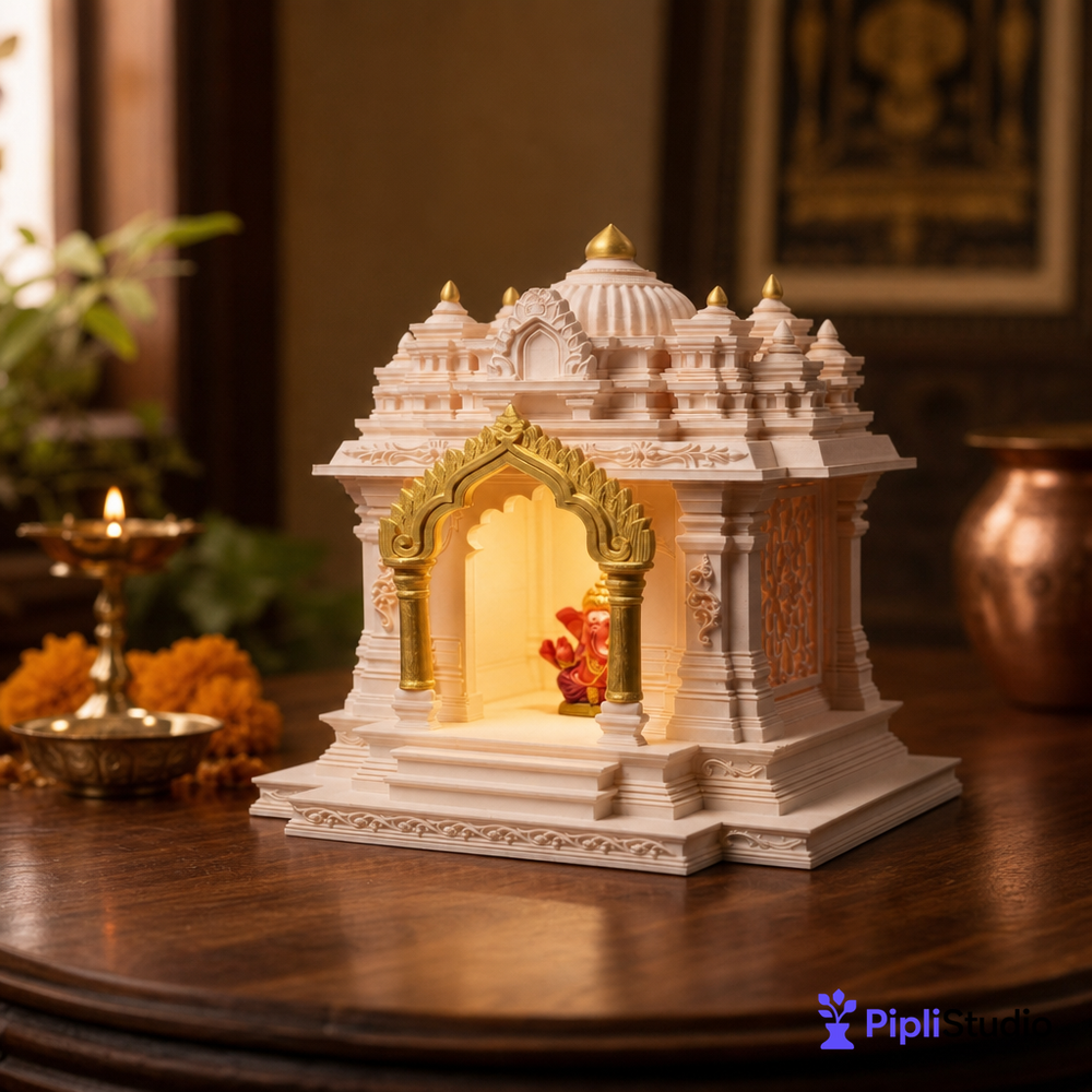 North Indian Temple - Office/Home Table Top Temple with Light (Golden Kalashas & Gate)