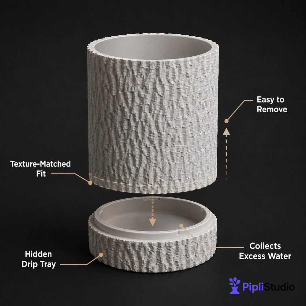 Tree Bark Planter with Hidden Drip Tray