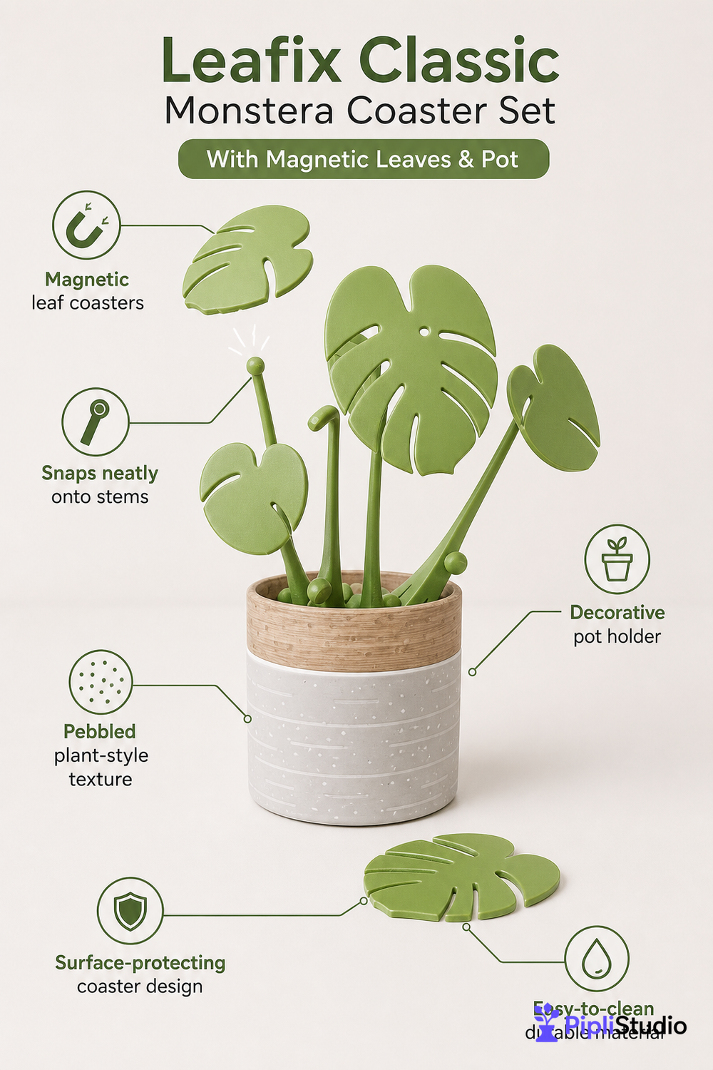 Leafix Classic Monstera Coaster Set With Magnetic Leaves & Pot