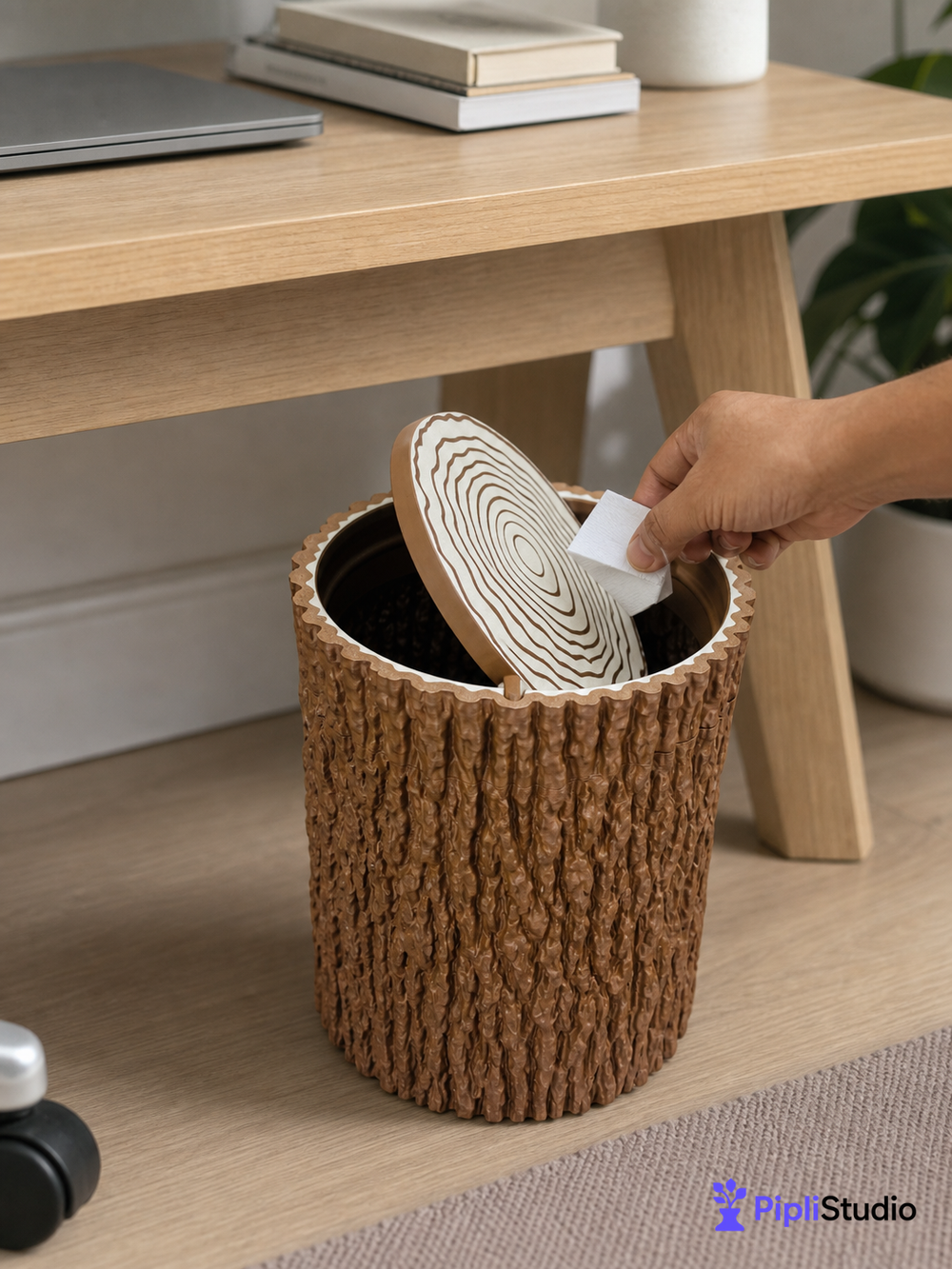 Tree Trunk Trash Can with Swing Lid (Wastebasket, Dustbin)