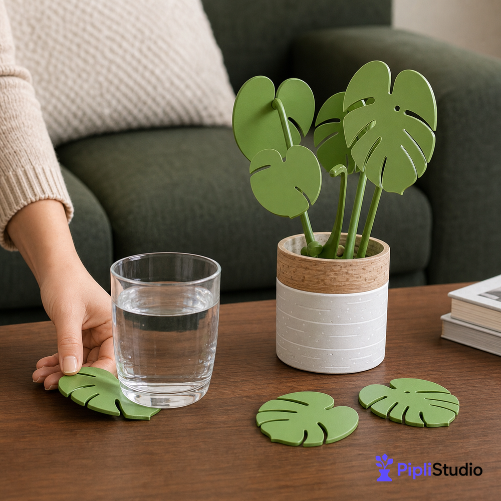 Leafix Classic Monstera Coaster Set With Magnetic Leaves & Pot