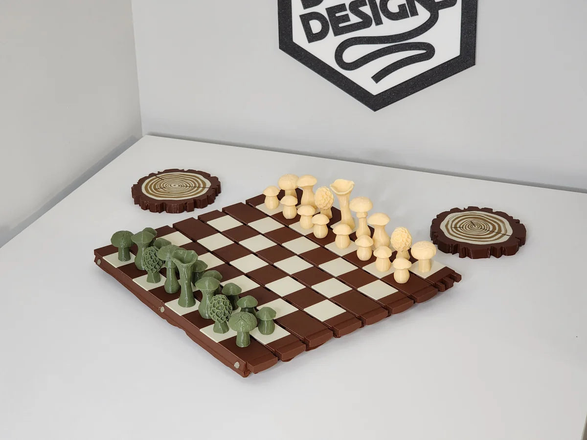 Forest Chess Set - Log and Mushroom Chess Board Set With Checkers