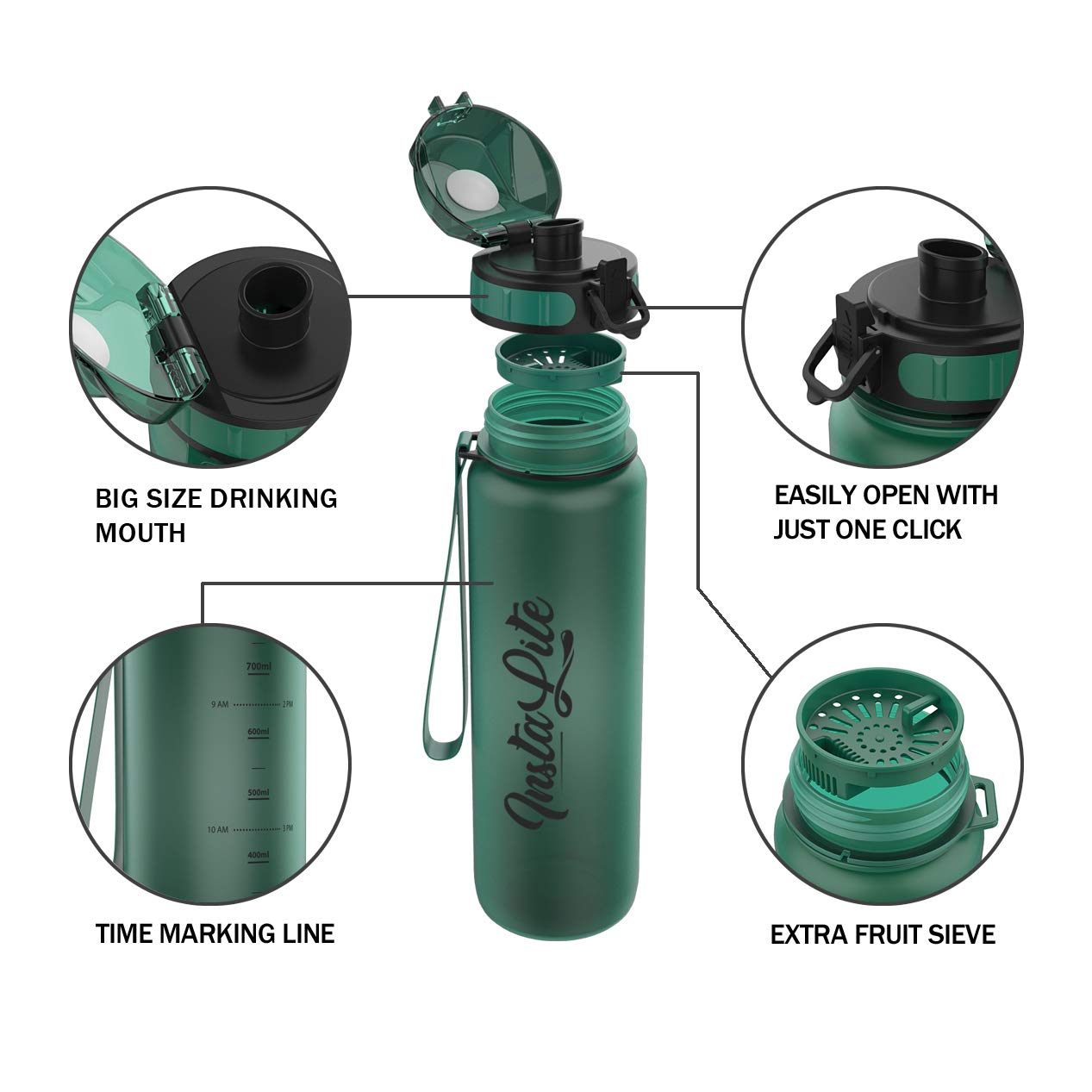 InstaLite Unbreakable Sports Water Bottle 1 Litre with Time Markings, BPA Free Non-Toxic Water Bottle for Gym, Office Water Bottle