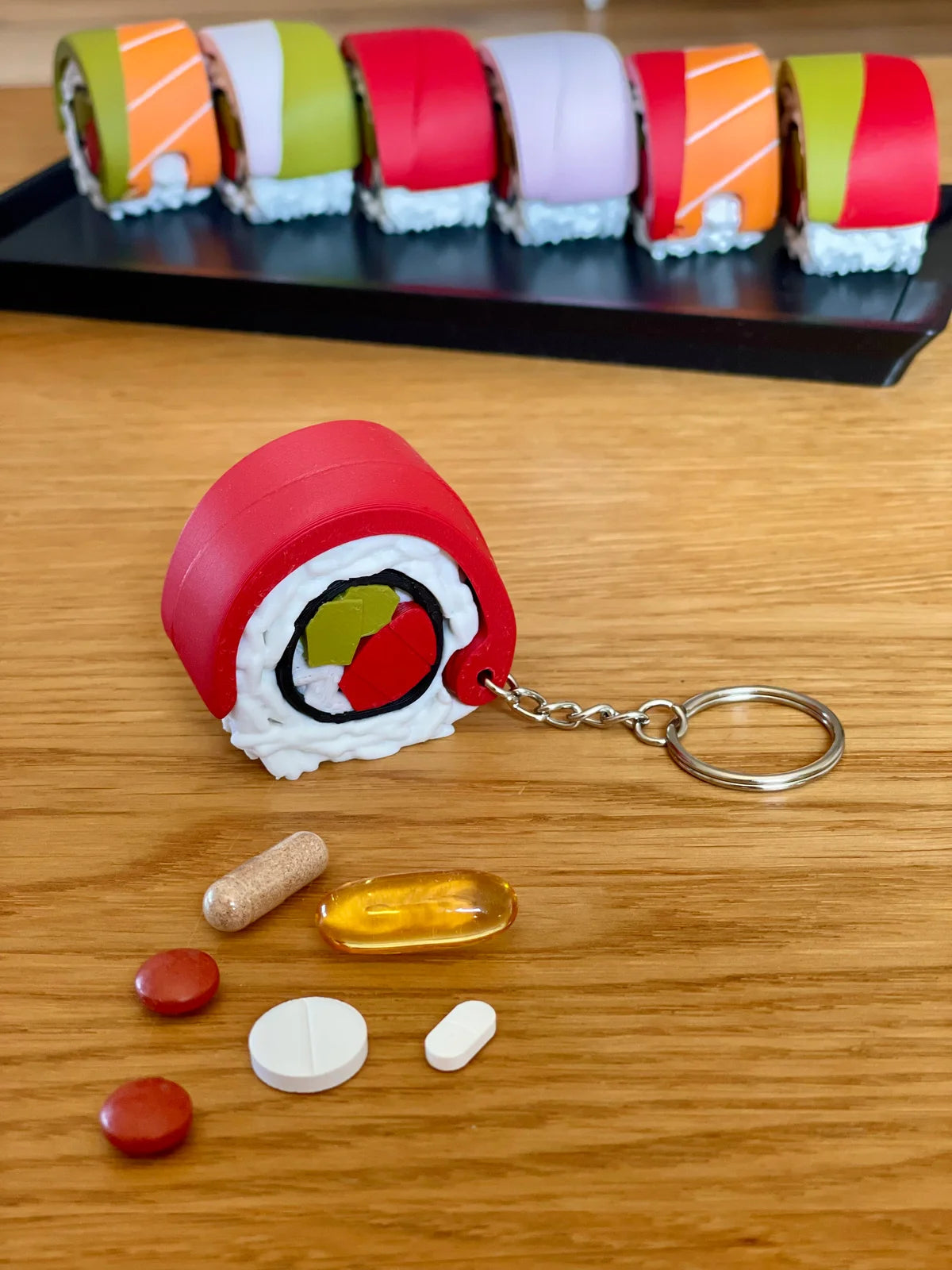 Sushi Supplements Dispenser - Weekly Pill Container & Keychains