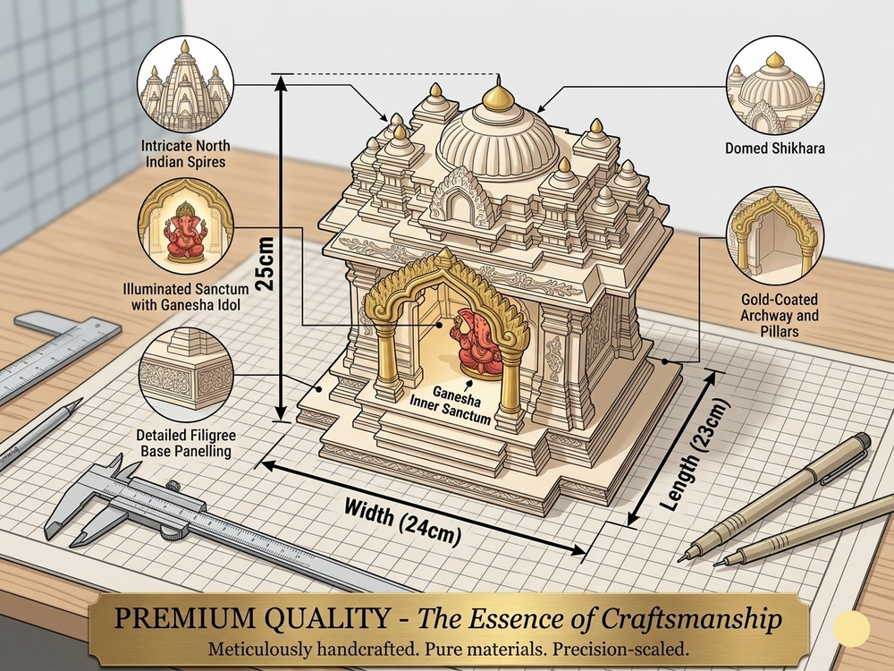 North Indian Temple - Office/Home Table Top Temple with Light (Golden Kalashas & Gate)