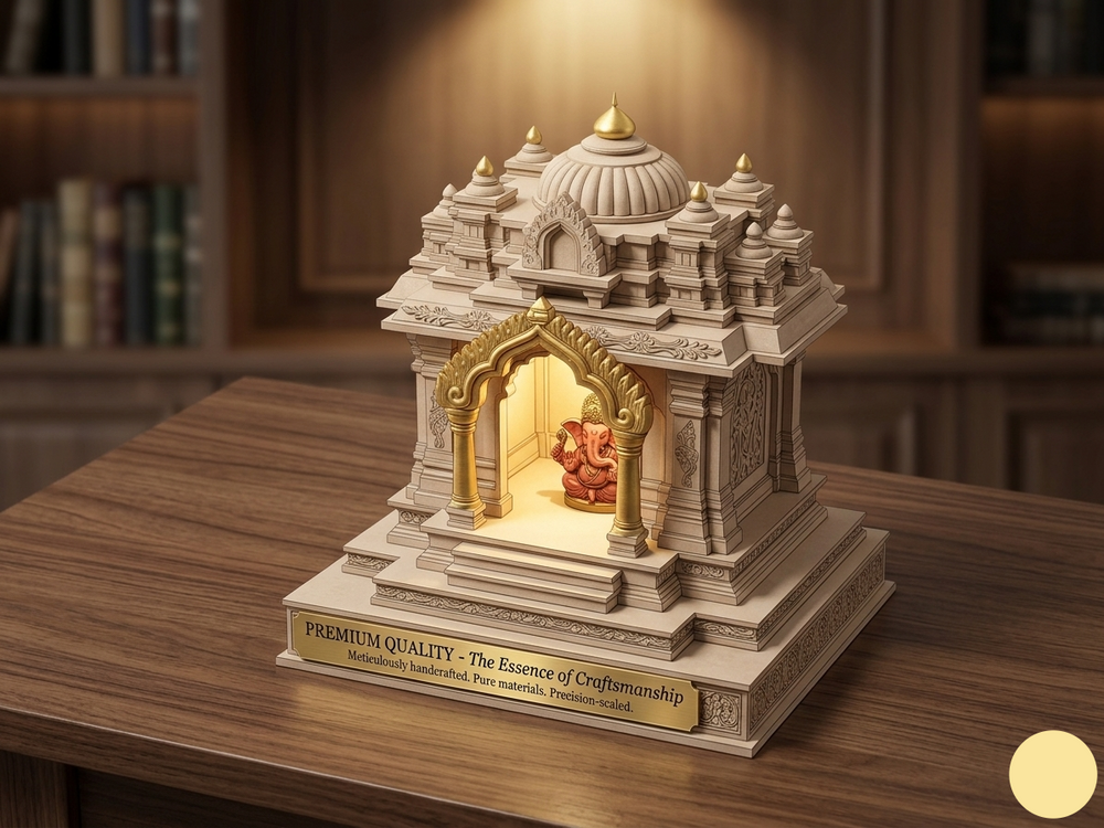 North Indian Temple - Office/Home Table Top Temple with Light (Golden Kalashas & Gate)