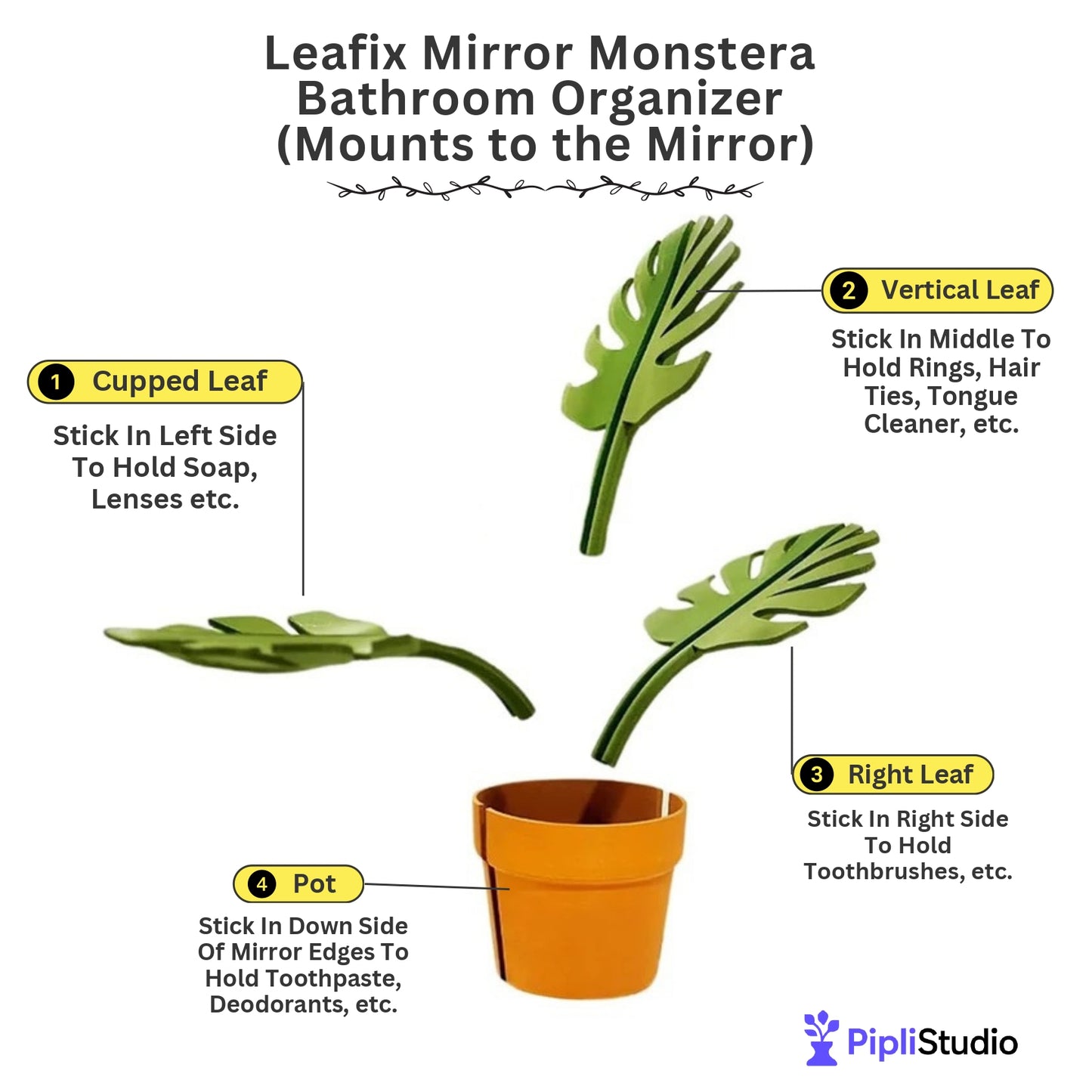 Leafix Mirror Monstera Bathroom Organizer (Mounts to the Mirror)