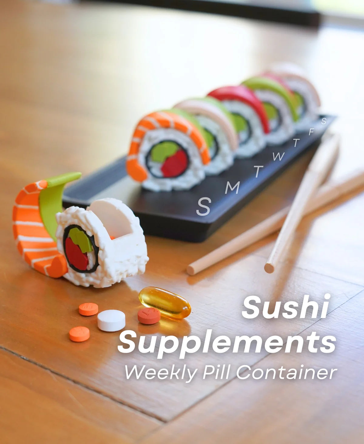 Sushi Supplements Dispenser - Weekly Pill Container & Keychains