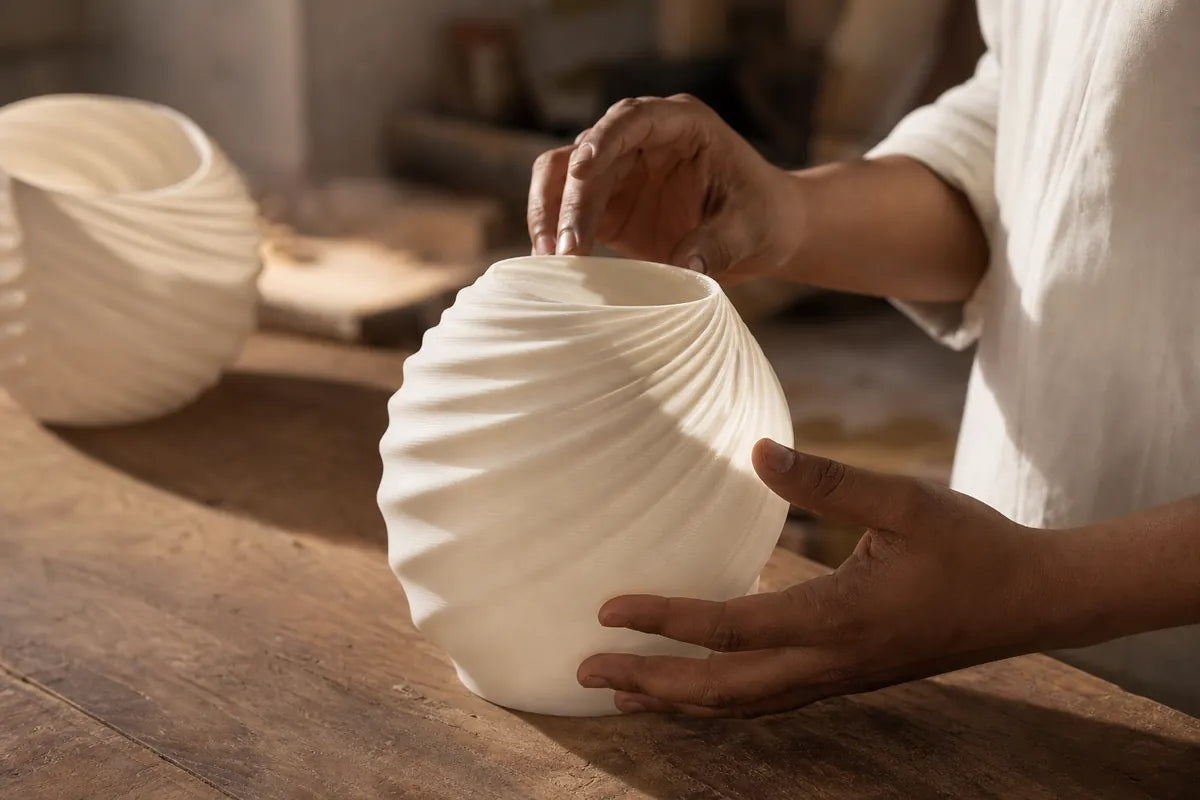 Designer finishing a 3D-printed piece by hand at Pipli Studio