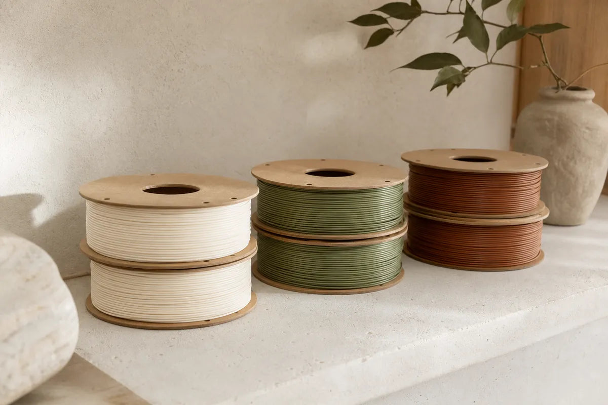 Spools of plant-based PLA filament in Pipli Studio colours