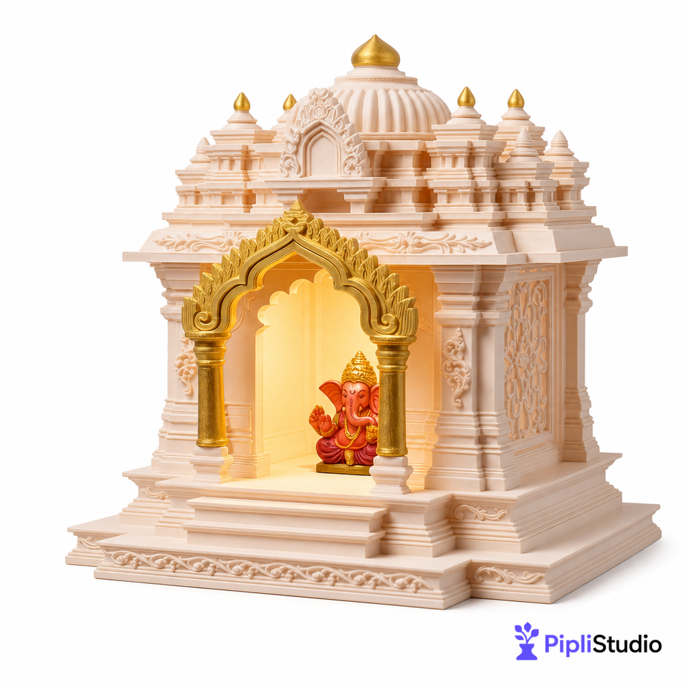 North Indian Temple - Office/Home Table Top Temple with Light (Golden Kalashas & Gate)