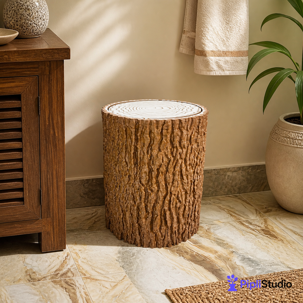 Tree Trunk Trash Can with Swing Lid (Wastebasket, Dustbin)