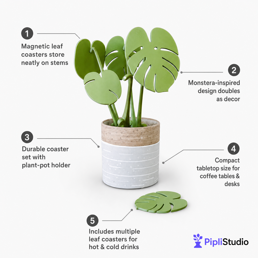 Leafix Classic Monstera Coaster Set With Magnetic Leaves & Pot