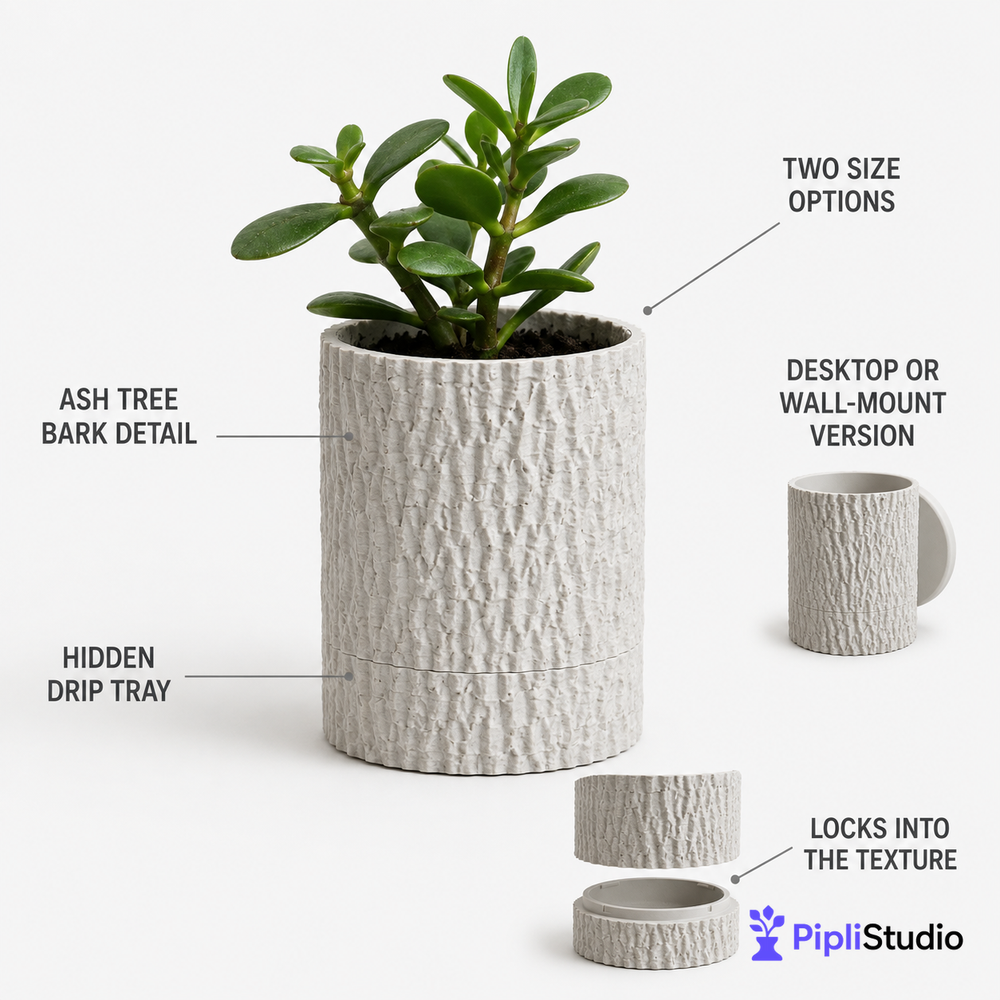 Tree Bark Planter with Hidden Drip Tray
