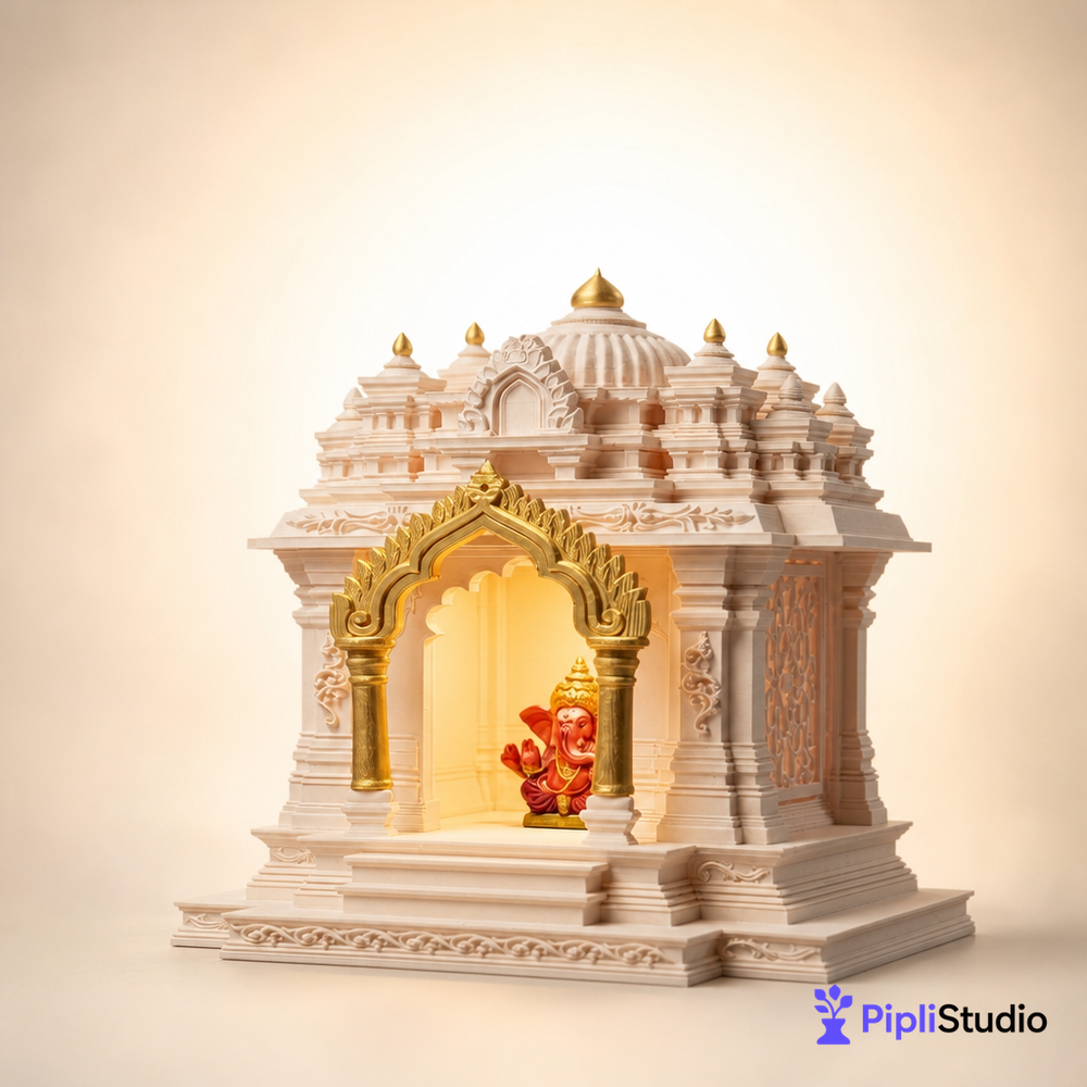North Indian Temple - Office/Home Table Top Temple with Light (Golden Kalashas & Gate)
