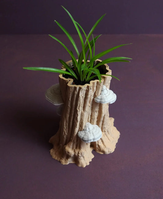 Tree Trunk Planter With Mushrooms