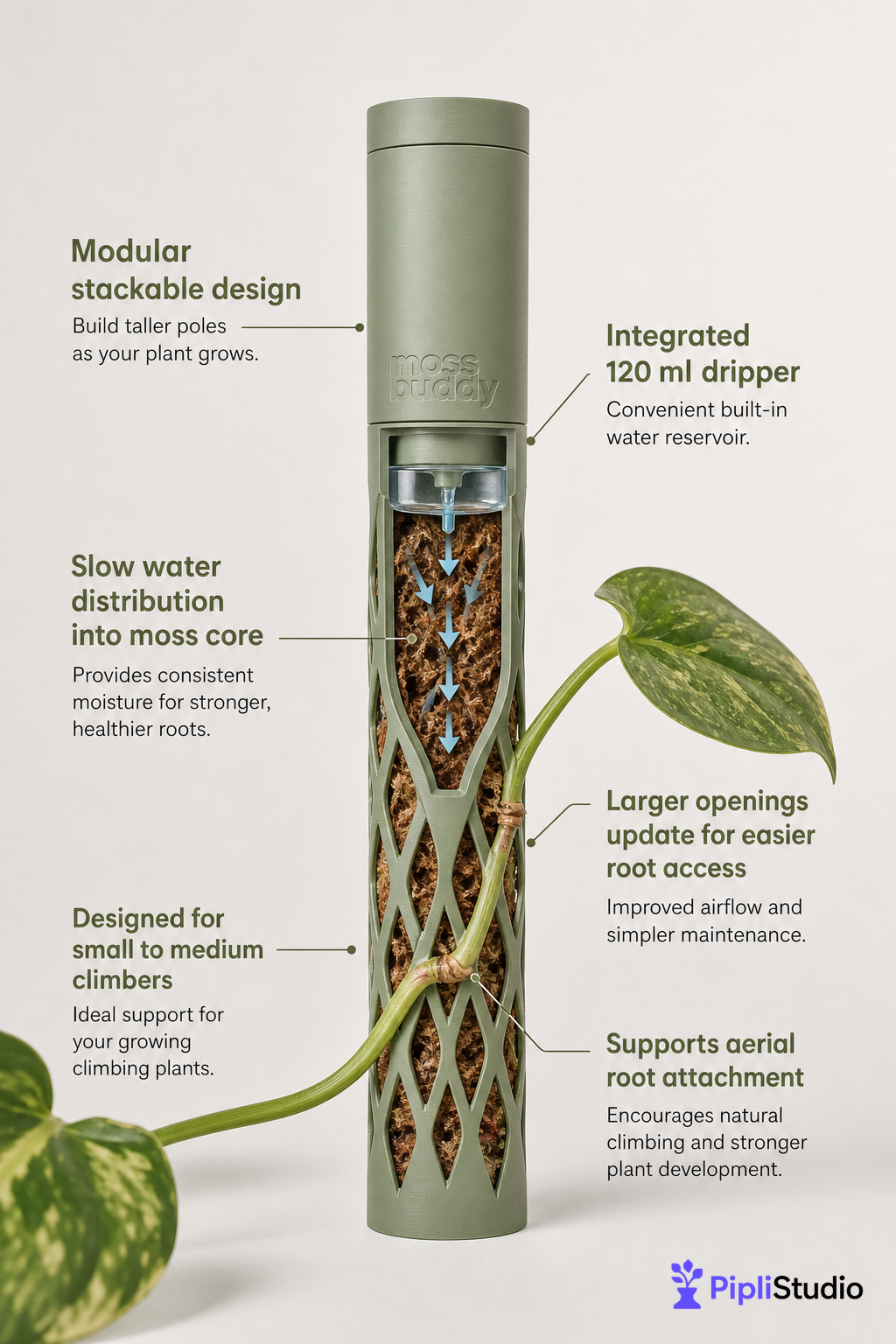 Modular Self-Watering Moss Pole for Climbers
