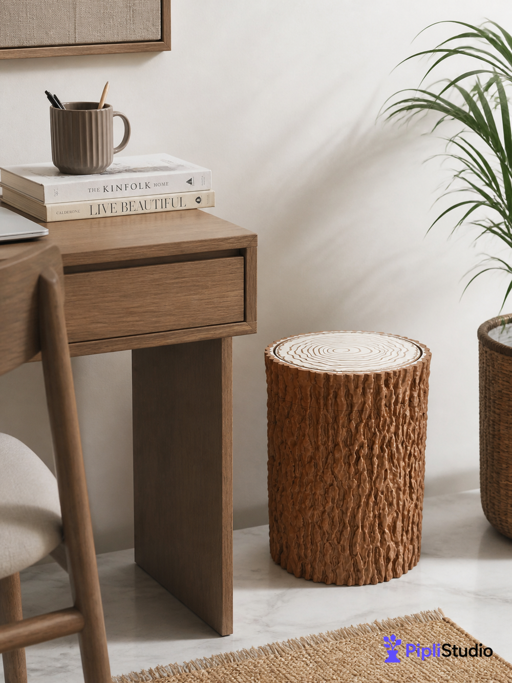 Tree Trunk Trash Can with Swing Lid (Wastebasket, Dustbin)