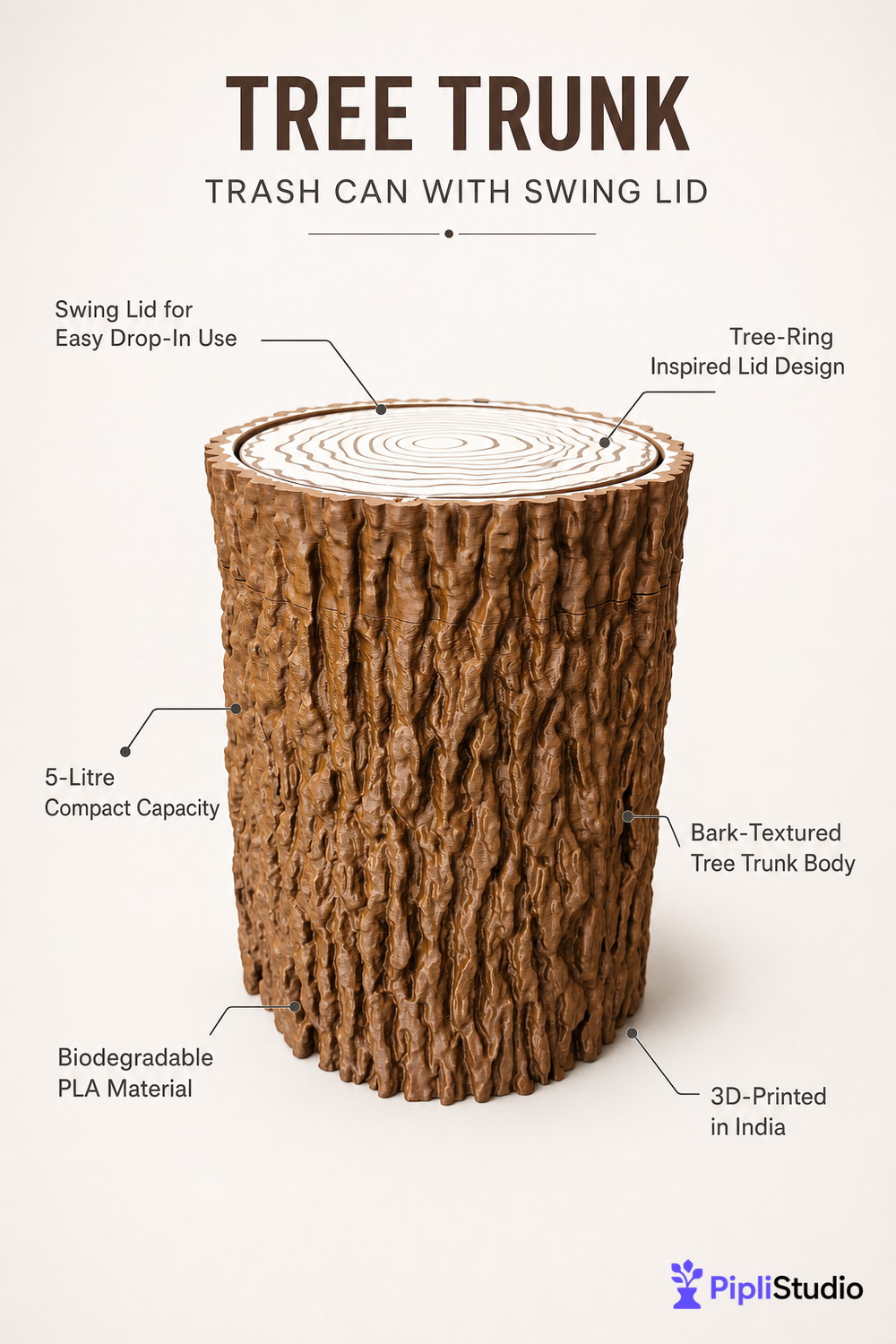 Tree Trunk Trash Can with Swing Lid (Wastebasket, Dustbin)