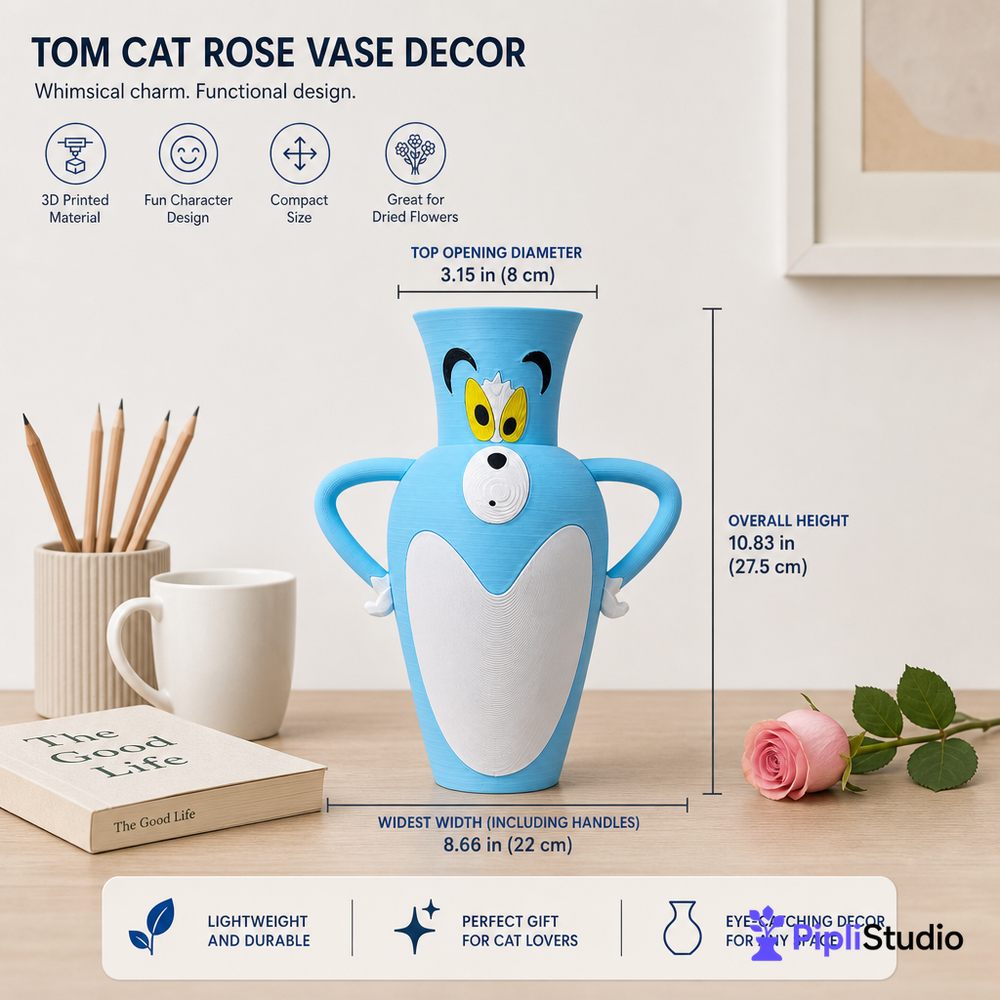 Tom Cat Rose Vase Decor | Fun 3D Printed Accent