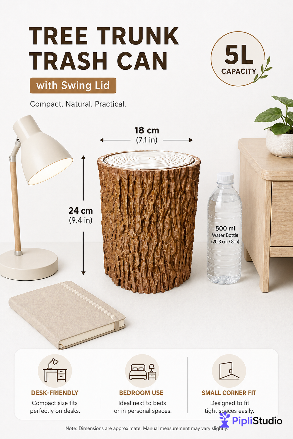 Tree Trunk Trash Can with Swing Lid (Wastebasket, Dustbin)