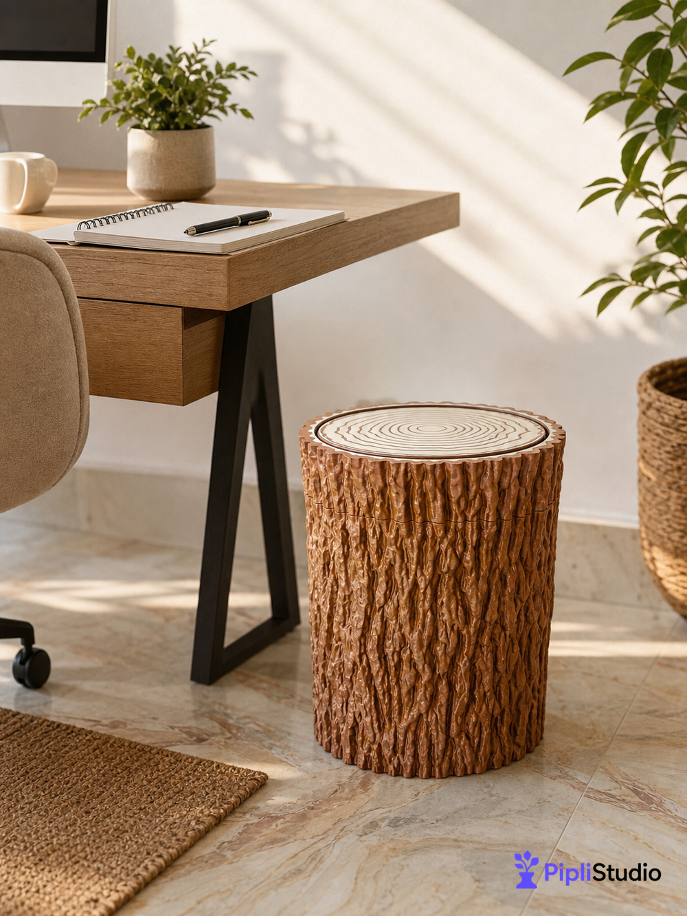 Tree Trunk Trash Can with Swing Lid (Wastebasket, Dustbin)