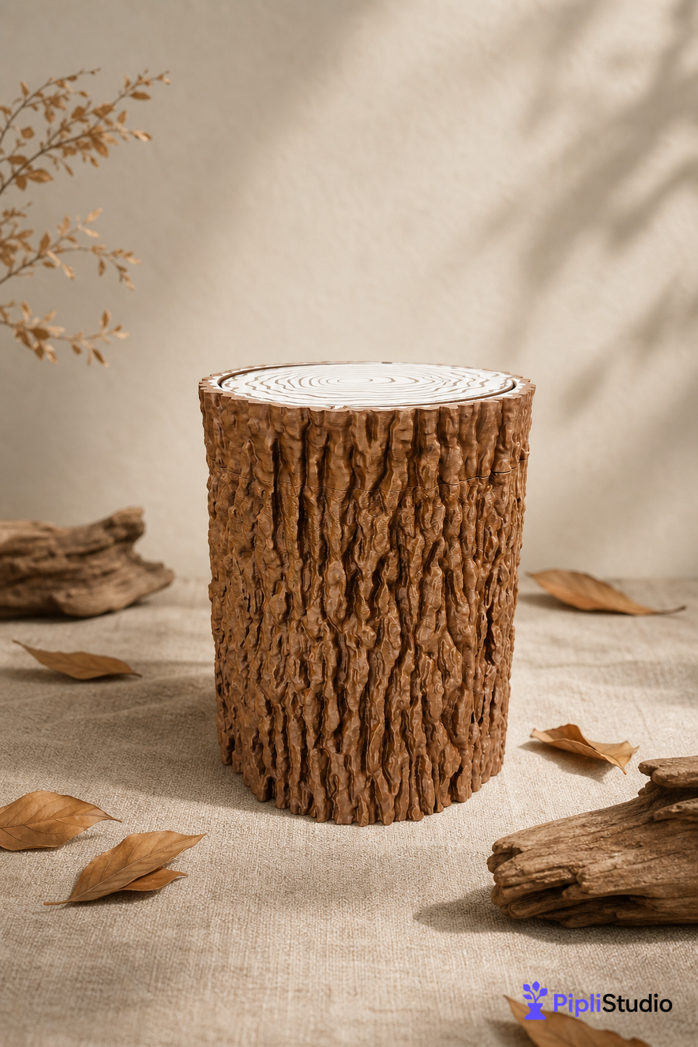 Tree Trunk Trash Can with Swing Lid (Wastebasket, Dustbin)