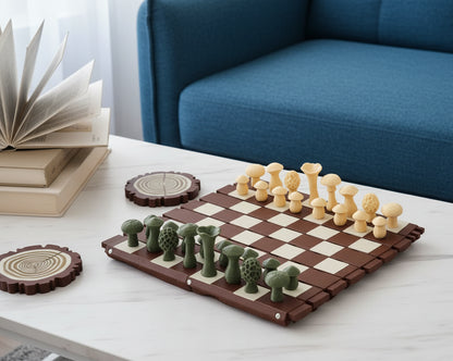 Forest Chess Set - Log and Mushroom Chess Board Set With Checkers