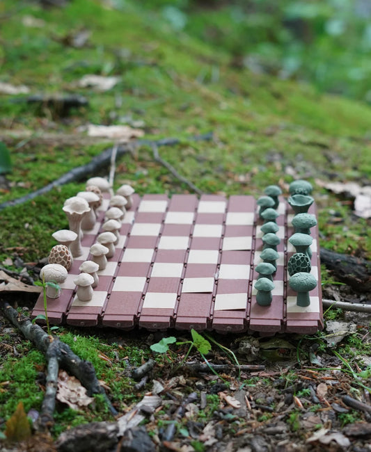 Forest Chess Set - Log and Mushroom Chess Board Set With Checkers