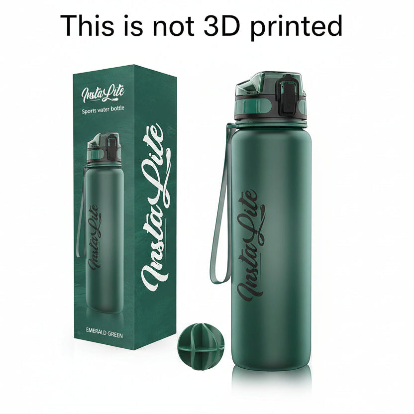 Green sports water bottle with packaging and ball on a white background