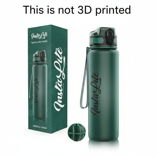 Green sports water bottle with packaging and ball on a white background