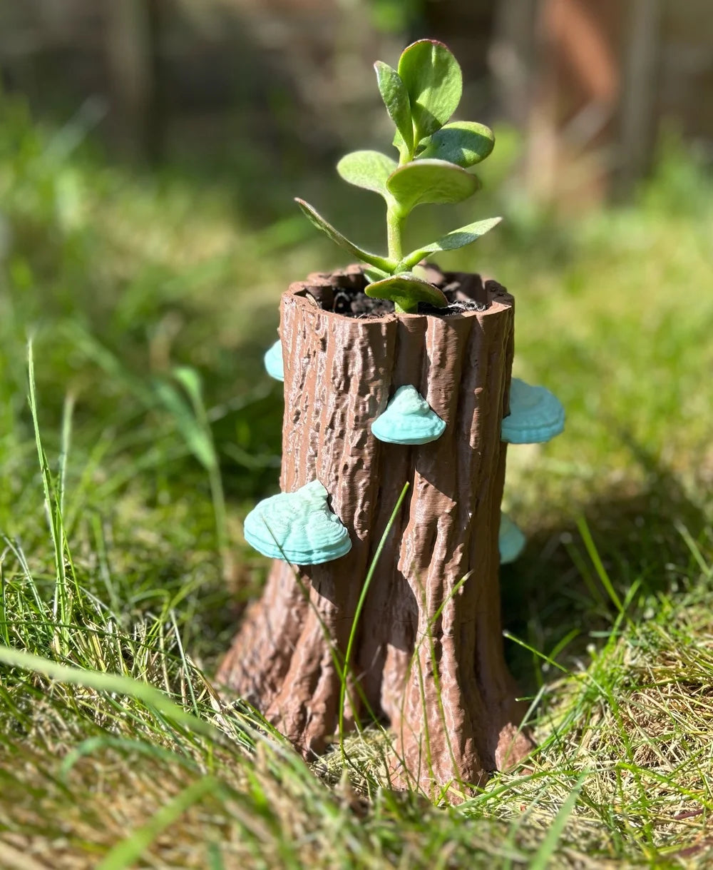 Tree Trunk Planter With Mushrooms