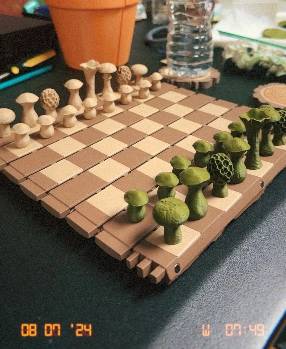 Forest Chess Set - Log and Mushroom Chess Board Set With Checkers