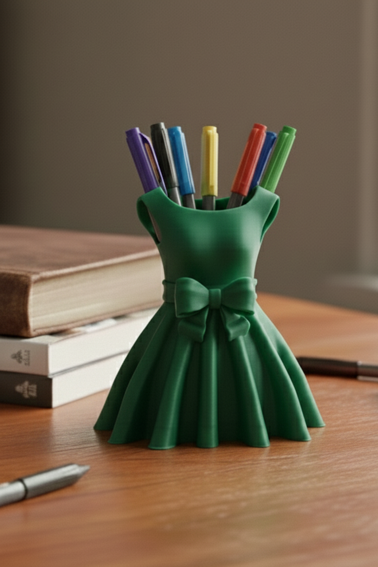 Green dress-shaped pen holder with colorful pens on a wooden surface