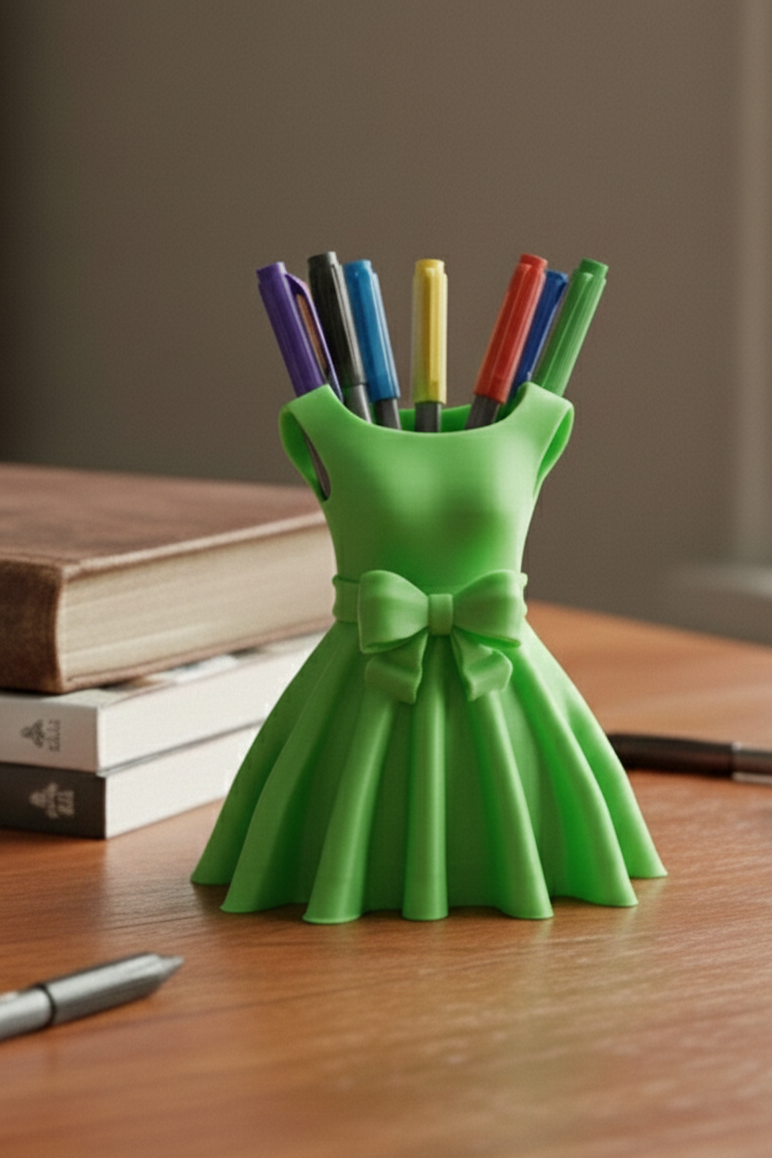 Green dress-shaped pen holder with colorful pens on a wooden surface