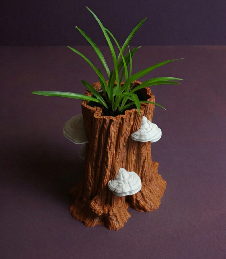 Tree Trunk Planter With Mushrooms