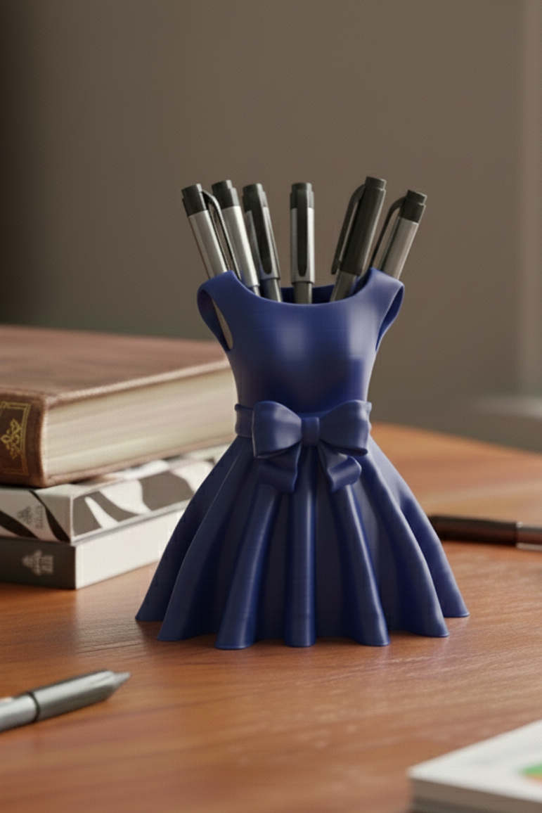 Blue dress-shaped pen holder with pens on a wooden surface