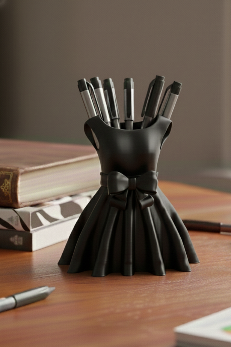 Black dress-shaped pen holder with pens on a wooden surface