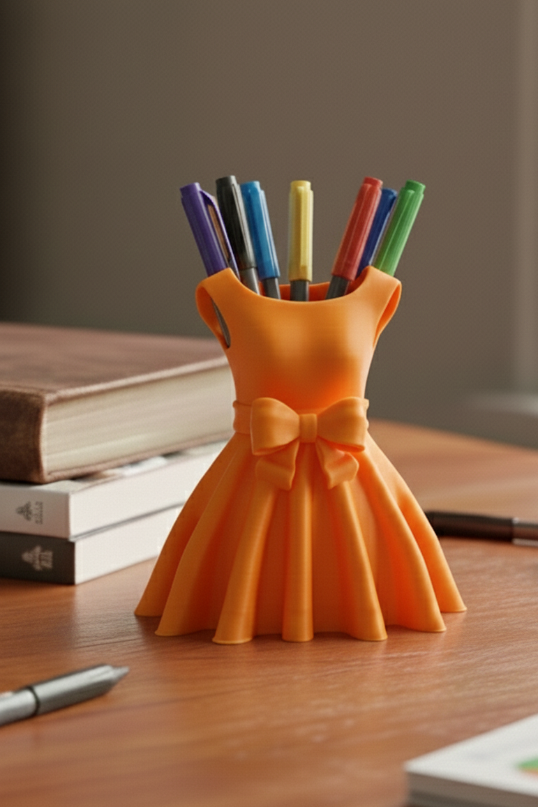 Orange dress-shaped pen holder with colorful pens on a wooden surface.