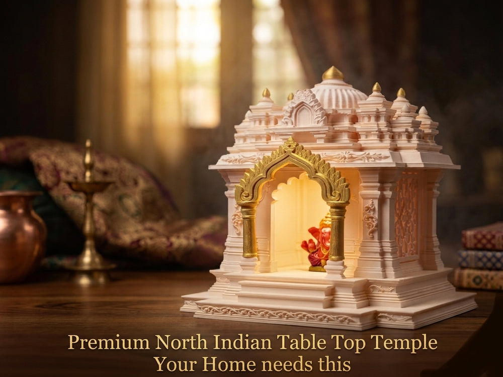 North Indian Temple - Office/Home Table Top Temple with Light (Golden Kalashas & Gate)