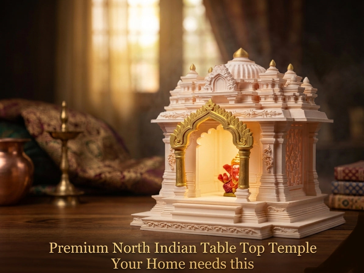 North Indian Temple - Office/Home Table Top Temple with Light and Idol (Golden Kalashas & Gate)
