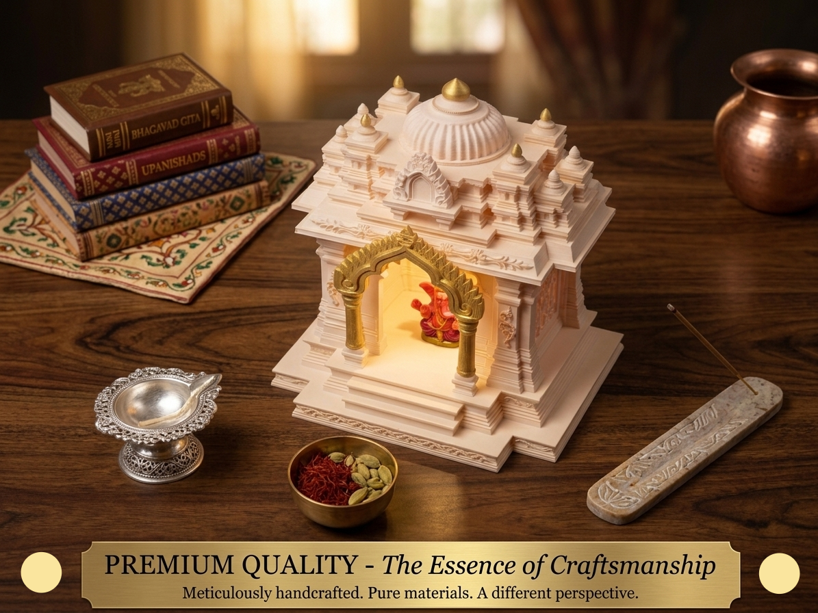 North Indian Temple - Office/Home Table Top Temple with Light and Idol (Golden Kalashas & Gate)