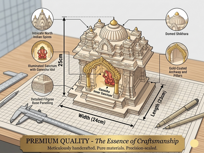 North Indian Temple - Office/Home Table Top Temple with Light and Idol (Golden Kalashas & Gate)