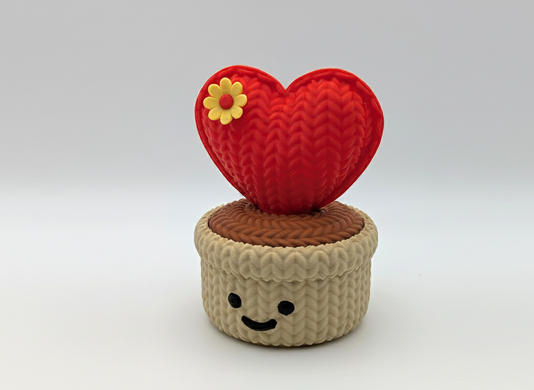 Red heart-shaped knitted item on a brown base with a face against a white background