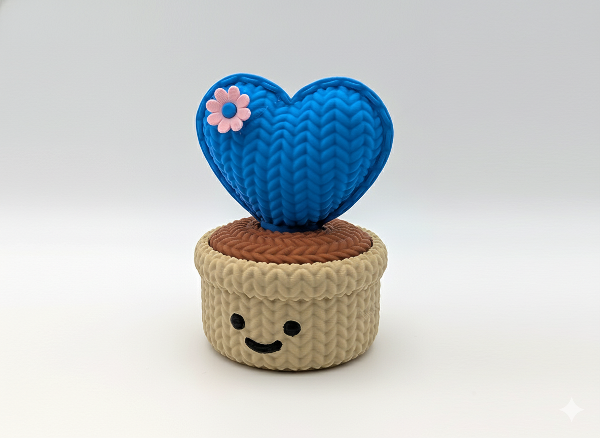 Knitted heart-shaped object with a flower on top and a smiling face on a white background