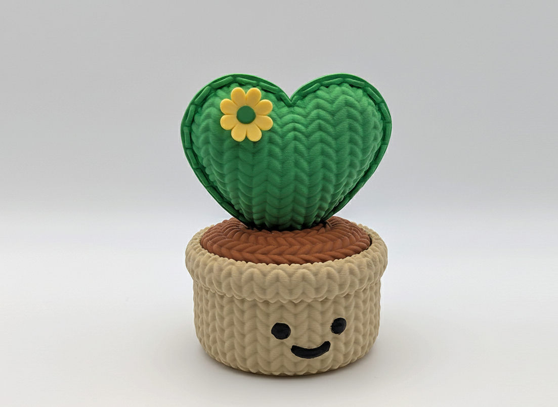 Heart-shaped green knitted cactus with a yellow flower on a beige pot against a white background