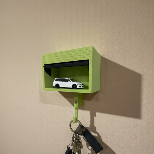 Miniature Car Garage Key Holder with 1:64 Scale Model – Wall Mount with Opening Garage Door