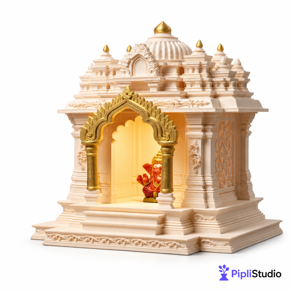 North Indian Temple - Office/Home Table Top Temple with Light (Golden Kalashas & Gate)