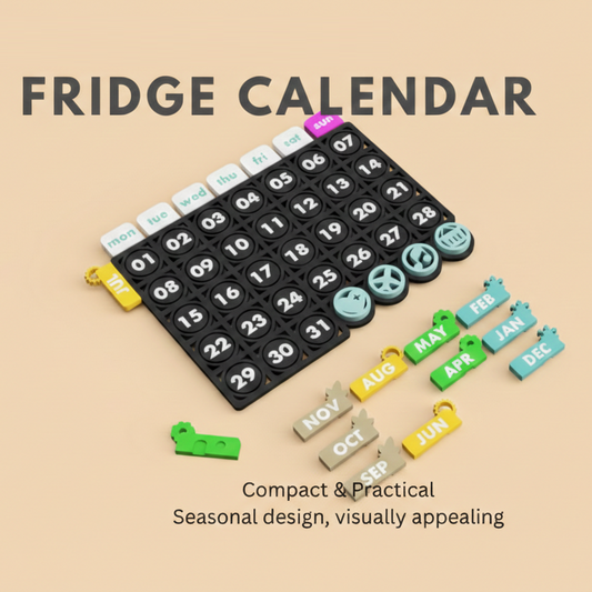 Fridge calendar with colorful numbers and letters on a beige background